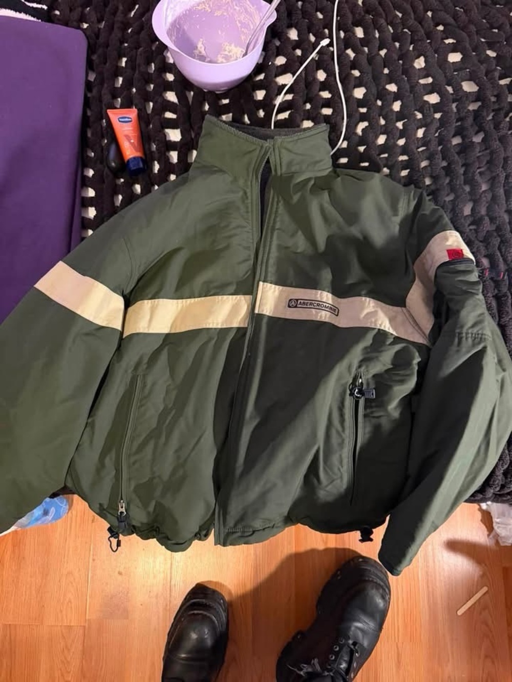 Abercrombie & Fitch Olive Green Jacket with Cream Stripe